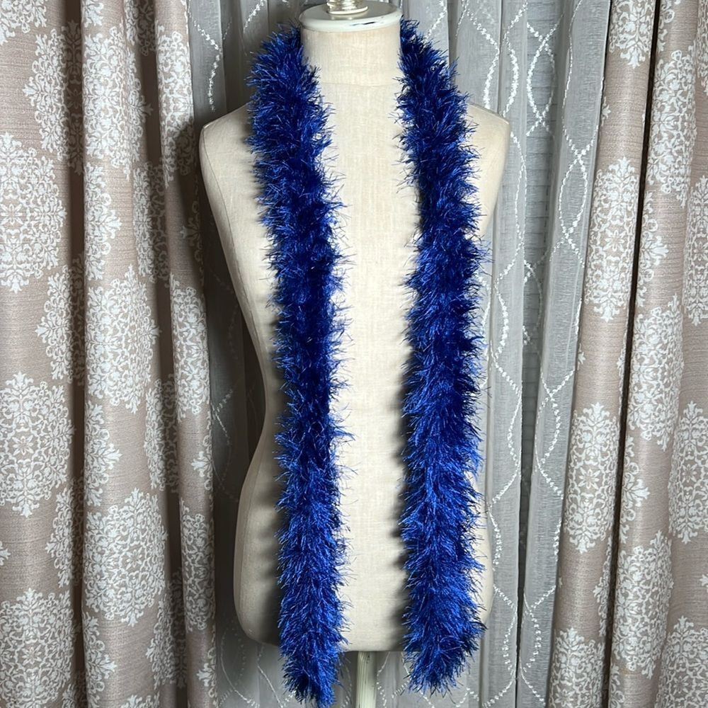 EUC blue Hand Knit Eyelash Yarn Scarf